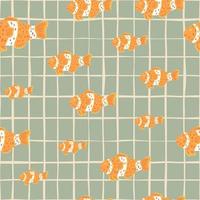 Random orange clown fish seamless pattern in ocean fauna style. Grey chequered background. Sea print. vector