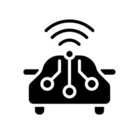 Smart car black glyph icon. Remote access to automobile control. Internet of Things. Smart appliance tech. Silhouette symbol on white space. Solid pictogram. Vector isolated illustration