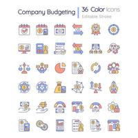 Company budgeting RGB color icons set. Financial plan for business. Expenses, income. Isolated vector illustrations. Simple filled line drawings collection. Editable stroke. Quicksand-Light font used