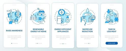 Preventing climate changes blue onboarding mobile app screen. Walkthrough 5 steps graphic instructions pages with linear concepts. UI, UX, GUI template. Myriad Pro-Bold, Regular fonts used vector