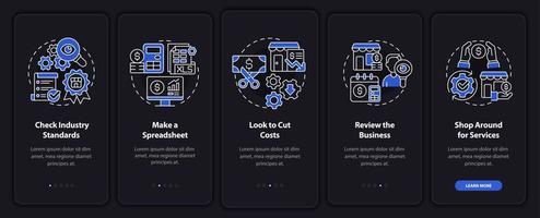 Budgeting for small business night mode onboarding mobile app screen. Walkthrough 5 steps graphic instructions pages with linear concepts. UI, UX, GUI template. Myriad Pro-Bold, Regular fonts used vector