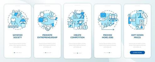 Market economy advantages blue onboarding mobile app screen. Walkthrough 5 steps graphic instructions pages with linear concepts. UI, UX, GUI template. Myriad Pro-Bold, Regular fonts used vector