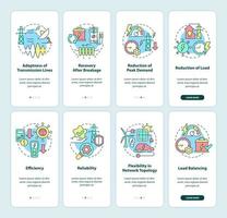 Smart grid onboarding mobile app screen set. Electric power walkthrough 4 steps graphic instructions pages with linear concepts. UI, UX, GUI template. Myriad Pro-Bold, Regular fonts used vector