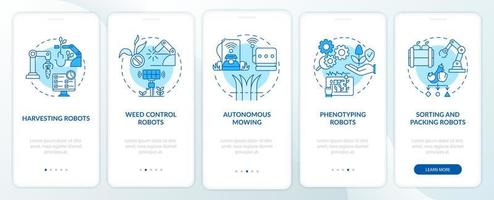 Agricultural innovations blue onboarding mobile app screen. Phenotyping walkthrough 5 steps graphic instructions pages with linear concepts. UI, UX, GUI template. Myriad Pro-Bold, Regular fonts used vector