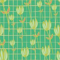 Random seamless spring pattern with green contoured flowers shapes. Turquoise background with check. vector