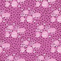 Doodle seamless pattern with contoured crowns and hearts. Lilac bright background with dots. vector