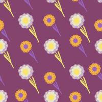 flores folclóricas de verano adornan patrones sin fisuras en estilo doodle. estampado botánico en tonos morados y naranjas. vector