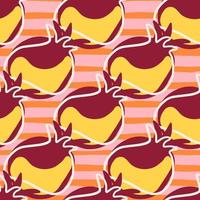 Flat food seamless pattern with maroon and yellow colored pomegranate shapes. Orange striped background. vector