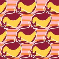 Flat food seamless pattern with maroon and yellow colored pomegranate shapes. Orange striped background. vector