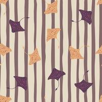 Nature doodle seamless pattern with random purple and orange stingray shapes print. Striped background. vector