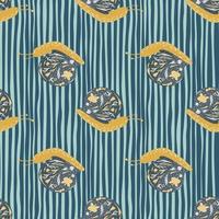 Seamless bright pattern with snail doodle silhouettes. Acatina ornament with orange color details on striped blue background.