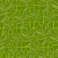 Botanic seamless pattern with abstract monstera silouettes. Random green print on chequered background. vector