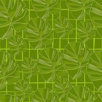 Botanic seamless pattern with abstract monstera silouettes. Random green print on chequered background. vector