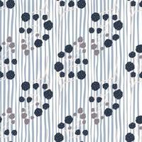 Abstract blackberry shapes seamless doodle pattern. Light striped background. Blue and grey berries. vector