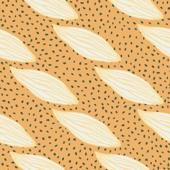 el contorno del follaje blanco deja un patrón de garabato sin costuras. fondo naranja con puntos. impresión abstracta simple. vector