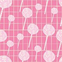 Random candy silhouettes seamless pattern. Simple doodle elements on bright pink chequered background. vector