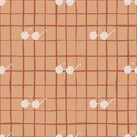 White sunlasses simple elements seamless doodle pattern. Orange chequered background. Fashion backdrop. vector