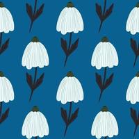 Chamomile buds in white and black colors seamless pattern. Simple doodle elements on bright navy blue background. vector