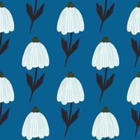 Chamomile buds in white and black colors seamless pattern. Simple doodle elements on bright navy blue background. vector