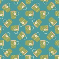 Green herbal tea cups seamless doodle pattern. Bright turquoise background. Creative artwork. vector