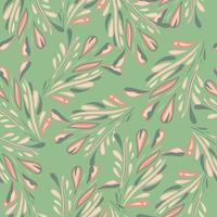 Random seamless pattern with hand drawn pink leaves foliage silhouettes. Light green background. vector