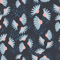 Bloom seamless pattern with random blue floral chamomile flowers elements. Background with splashes. vector