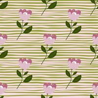 Geometric doodle pink flowers seamless pattern on stripe background. vector
