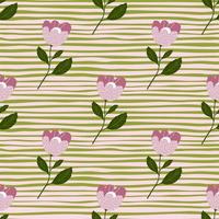 Geometric doodle pink flowers seamless pattern on stripe background. vector