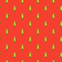 Animal bright seamless pattern with green doodle parrots bird shapes. Red background. Cartoon zoo print. vector