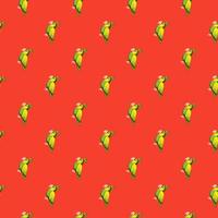 Animal bright seamless pattern with green doodle parrots bird shapes. Red background. Cartoon zoo print. vector