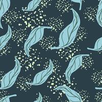 Natural random blue leaf tangerine seamless pattern in doodle style. Navy blue background with splashes. vector