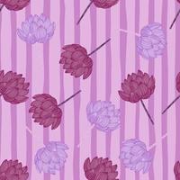 Decorative seamless pattern with random lotus flower silhouettes print. Lilac striped background. Simple design. vector