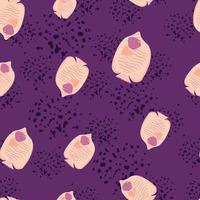 Seamless random pattern with simple pink butterfly fish silhouettes. Purple background with splashes. vector