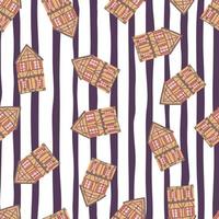 Seamless pattern with cartoon architecture house elements print. Purple and white striped background. vector