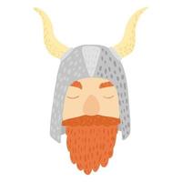 Viking in long helmet with horns isolated on white background. Cartoon cute face viking in doodle style. vector