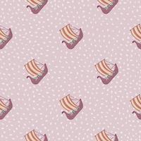 Simple seamless marine pattern with snailing ships elements. Pink background with dots. History ocean artwork. vector