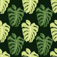 Palm greenery seamless pattern with doodle green monstera leaves print. Dark background. vector