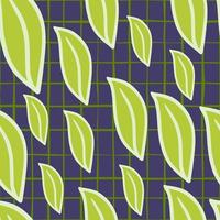 Random botanic seamless pattern with light green leaf shapes. Navy blue chequered background. vector