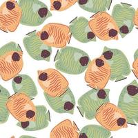 Seamless pattern in doodle style with hand drawn random orange and green butterfly fishes. Isolated print. vector