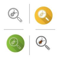 Cockroach searching icon. Flat design, linear and color styles. Pest control service. Magnifying glass with roach. Isolated vector illustrations