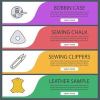 Tailoring web banner templates set. Bobbin case, sewing chalk, clippers, leather sample. Website color menu items. Vector headers design concepts