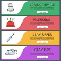 Tailoring web banner templates set. Sewing thimble, pincushion, seam ripper, steam iron. Website color menu items. Vector headers design concepts