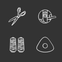 Tailoring chalk icons set. Fabric scissors, bobbin case, thread spool, sewing chalk. Isolated vector chalkboard illustrations