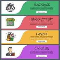 conjunto de plantillas de banner web de casino. blackjack, lotería bingo, casino, crupier. elementos del menú de color del sitio web. conceptos de diseño de encabezados vectoriales vector