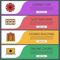 Casino web banner templates set. Gambling chip, slot machine, casino building, online poker. Website color menu items. Vector headers design concepts