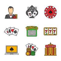 Casino color icons set. Croupier, blackjack, casino chip, four aces, lucky seven, bingo, online poker, casino building. Isolated vector illustrations