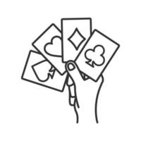 Hand holding four aces linear icon. Playing cards. Poker. Kare. Thin line illustration. Contour symbol. Vector isolated outline drawing