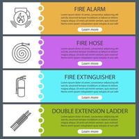 Firefighting web banner templates set. Alarm bag, fire hose, extinguisher, double extension ladder. Website color menu items with linear icons. Vector headers design concepts