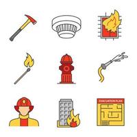 Firefighting linear icons set. Hose, burning matchstick, smoke detector, evacuation plan, hydrant, axe, building on fire, firefighter. Thin line contour symbols. Isolated vector outline illustrations