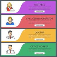 Professions web banner templates set. Waitress, call center operator, doctor, office worker. Website color menu items. Vector headers design concepts